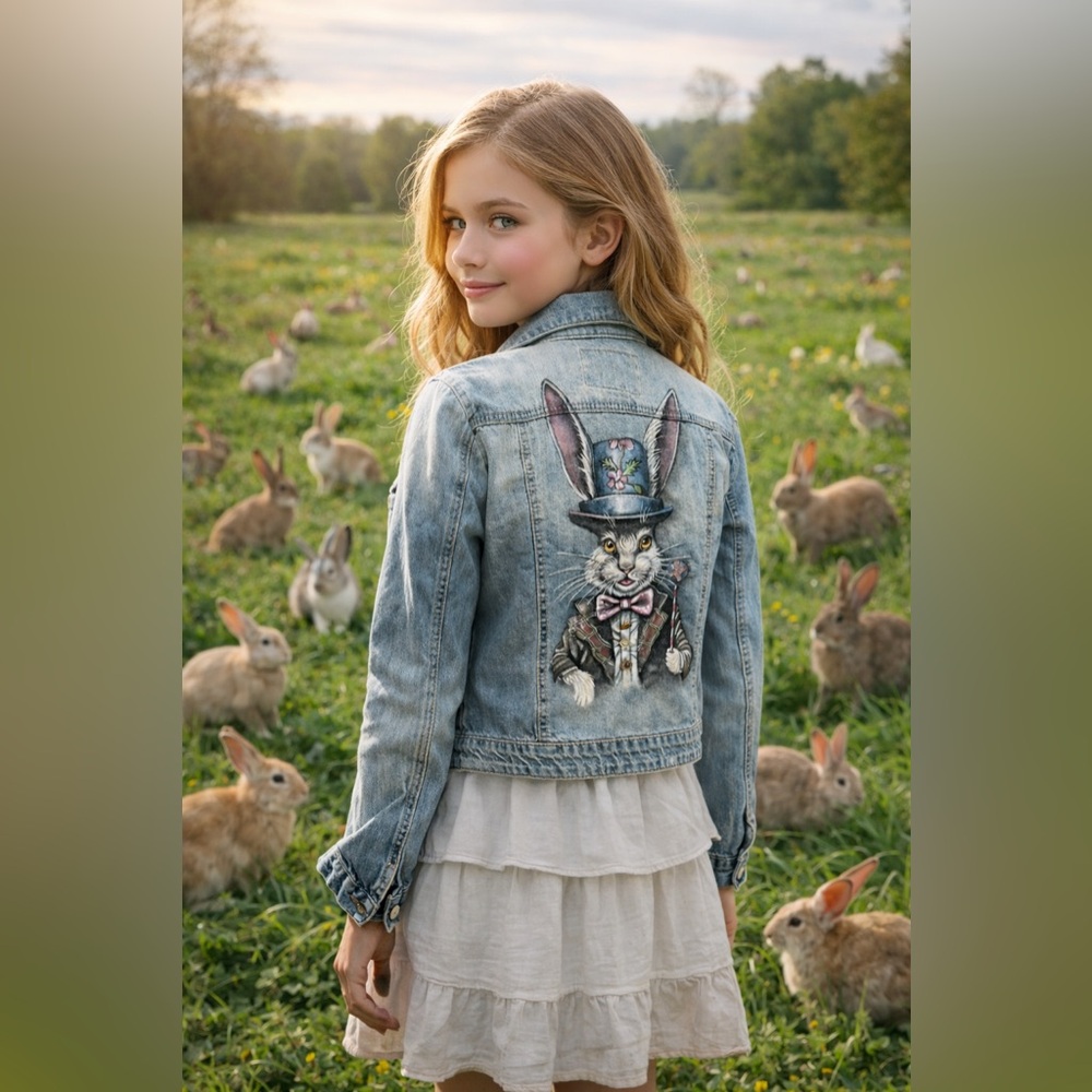 American Rag handpainted denim jean jacket Easter bunny rabbit sz LG girls OOAK - Picture 2 of 13